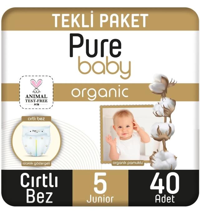 Pure Baby Organik Pamuklu Cırtlı Bez Tekli Paket 5 Numara Junior 40 Adet